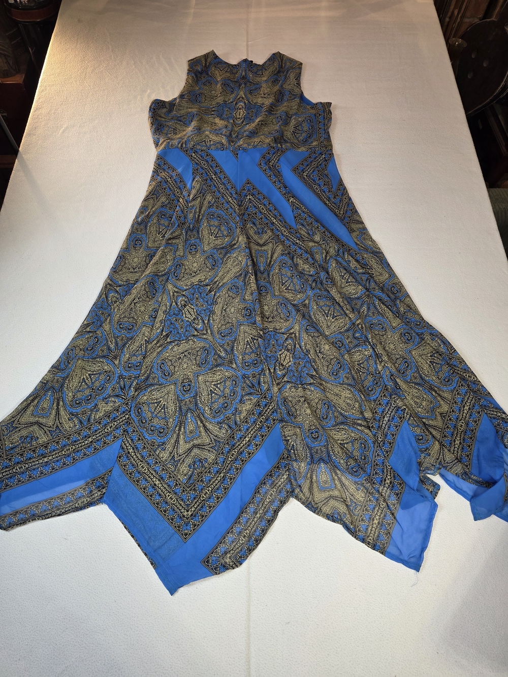 Ashley Stewart Blue and Gold Paisley Asymmetrical Handkerchief Hem Dress - Picture 13 of 13